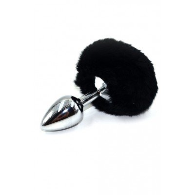 Анальная пробка из аллюминия с черным заячьим хвостом Kanikule Small Silver - 11,5 см
