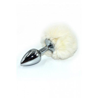 Анальная пробка из аллюминия с белым заячьим хвостом Kanikule Small Silver - 11,5 см