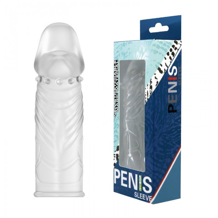 Рельефная насадка на пенис Penis Sleeve закрытого типа с шипами под головкой - прозрачная - 13 см