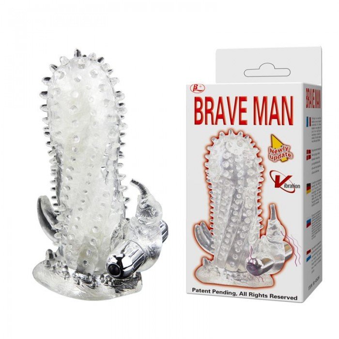 Вибро-насадка удлинитель Brave Man со стимуляторами клитора и ануса - прозрачная - 14 см