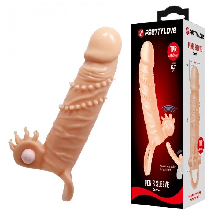Удлиняющая насадка на пенис Penis Sleeve Connor с вибрацией, клиторальным стимулятором и с подхватом для мошонки - телесная - 15 см Удлиняющая насадка на пенис Penis Sleeve Connor с вибрацией, клиторальным стимулятором и с подхватом для мошонки - телесная - 15 см