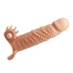 Удлиняющая насадка на пенис Penis Sleeve Connor с вибрацией, клиторальным стимулятором и с подхватом для мошонки - телесная - 15 см