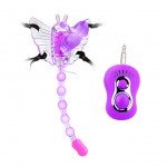 Вибростимулятор клитора - бабочка с анальной цепочкой и вагинальным фаллосом Baile на ремне с пультом ДУ - фиолетовый