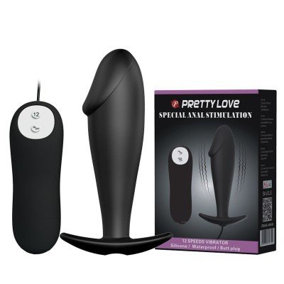 Анальная вибро-пробка Pretty Love Special Analstimulation с пультом управления - чёрная - 10 см