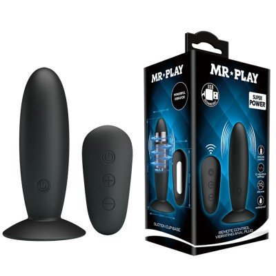 Силиконовая анальная пробка Mr.Play с вибрацией и беспроводным пультом ДУ - чёрная - 10,5 см