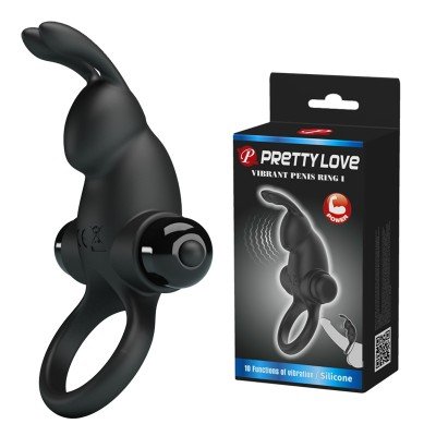Эрекционное виброкольцо с клиторальным зайчиком Pretty Love Vibrant Penis Ring I - чёрное