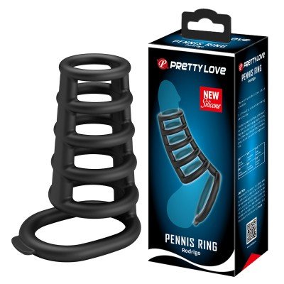 Силиконовая насадка на пенис с подхватом мошонки Penis Ring Rodrigo - чёрная - 10 см