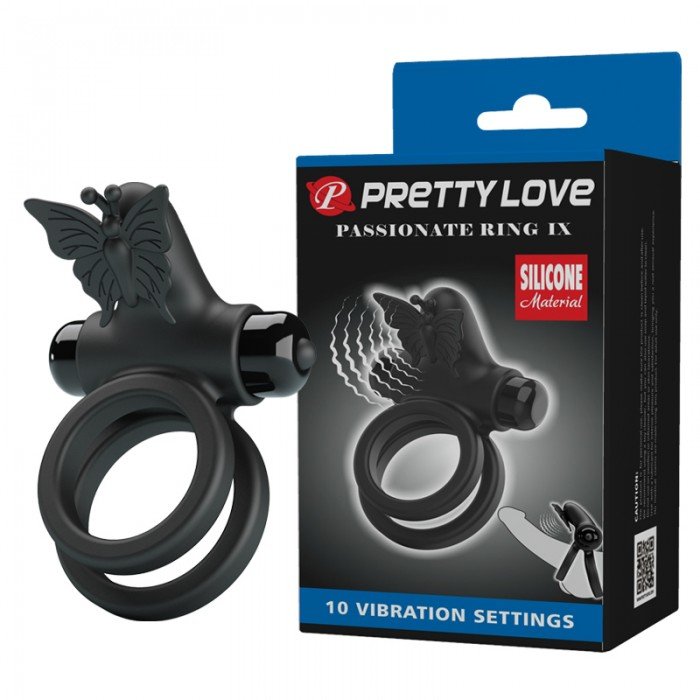 Двойное эрекционное виброкольцо Passionate Ring IX с клиторальной бабочкой - чёрное Двойное эрекционное виброкольцо Passionate Ring IX с клиторальной бабочкой - чёрное