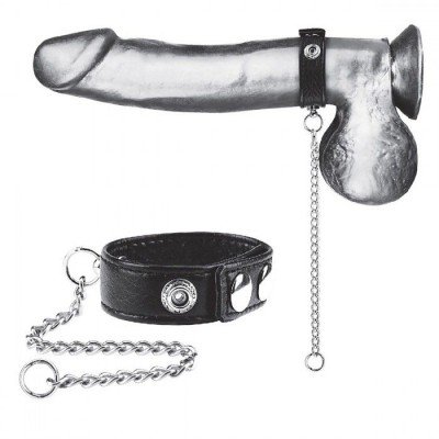 Кольцо на пенис из эко-кожи с поводком из металла Snap Cock Ring - чёрное