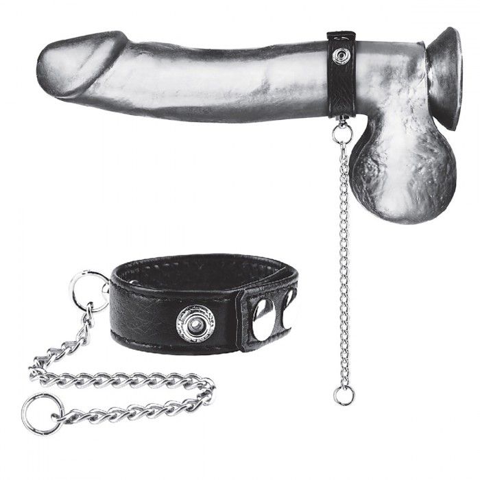 Кольцо на пенис из эко-кожи с поводком из металла Snap Cock Ring - чёрное Кольцо на пенис из эко-кожи с поводком из металла Snap Cock Ring - чёрное