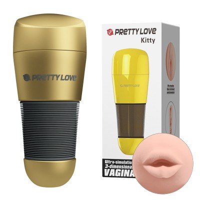 Мастурбатор-ротик в тубе Pretty Love Kitty из материла RealFeel Superskin в золотистой колбе