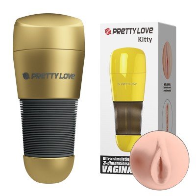 Мастурбатор-вагина в тубе Pretty Love Kitty из материла RealFeel Superskin в золотистой колбе