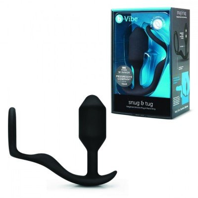 Утяжелённая анальная пробка с эрекционным кольцом  b-Vibe Snug & Tug - чёрная - 9,5 см