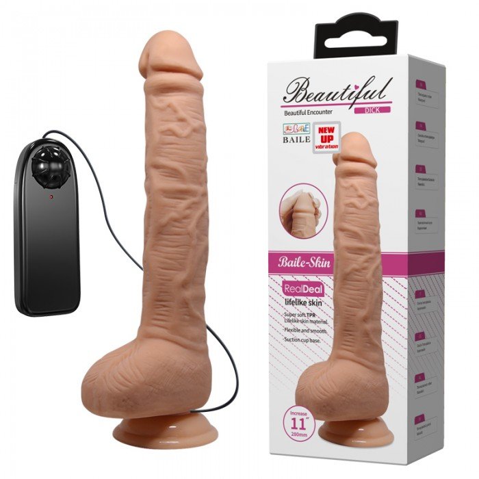 Длинный вибратор-реалистик Beautiful Dick с присоской и выносным пультом - телесный - 28 см Длинный вибратор-реалистик Beautiful Dick с присоской и выносным пультом - телесный - 28 см