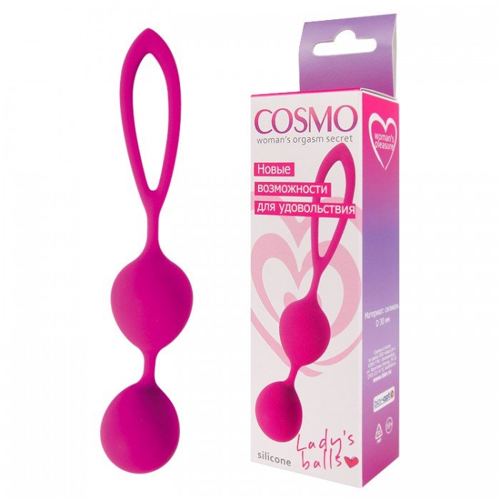 Вагинальные шарики двойные со смещённым центром тяжести Cosmo с петелькой - ярко-розовые