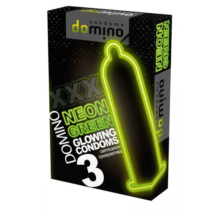 Презервативы латексные DOMINO Neon Green со светящимся в темноте кончиком - 3 шт