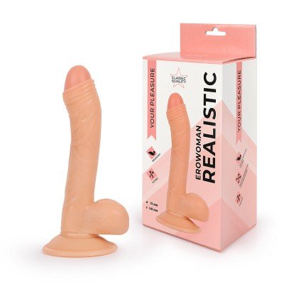 Фаллоимитатор-реалистик с приоткрытой головкой Erowoman Realistic с мошонкой и присоской - телесный - 19,5 см