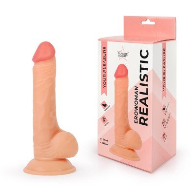 Фаллоимитатор-реалистик Erowoman Realistic с мошонкой и присоской - телесный - 20 см