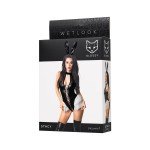 Сексуальный костюм Зайчика Glossy Stacy из материала Wetlook: боди и ободок с ушками - чёрное с белым