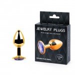 Малая анальная металлическая пробка Jewelry Plug золотистая с фиолетовым кристаллом - 7 см