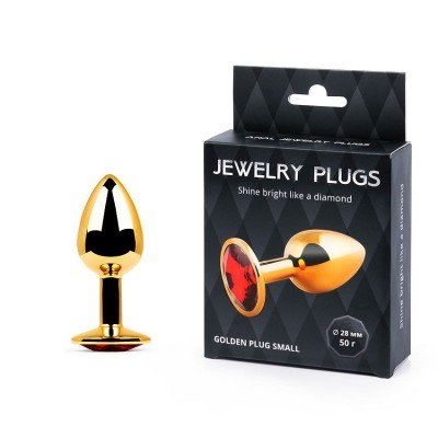 Малая анальная металлическая пробка Jewelry Plug золотистая с красным кристаллом - 7 см
