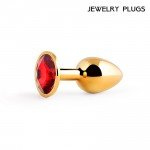 Малая анальная металлическая пробка Jewelry Plug золотистая с красным кристаллом - 7 см