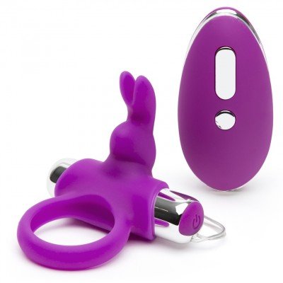 Эрекционное кольцо с клиторальным зайчиком Happy Rabbit Remote Control Cock Ring с пультом ДУ и съемной перезаряжаемой вибропулей - фиолетовое