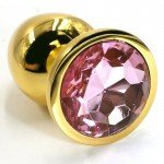Малая алюминиевая анальная золотистая пробка Kanikule Small с нежно-розовым кристаллом - 7 cм