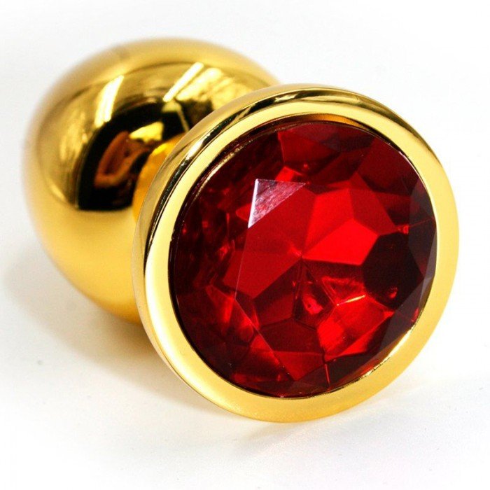 Малая алюминиевая анальная золотистая пробка Kanikule Small с красным кристаллом - 7 cм
