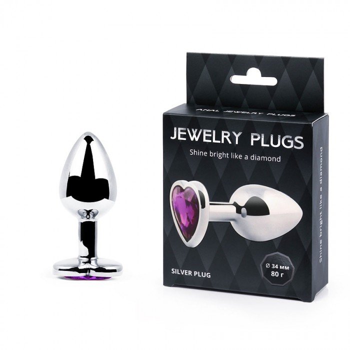 Средняя металлическая анальная пробка Jewelry Plugs серебристая с фиолетовым кристаллом сердцем - 8 cм Средняя металлическая анальная пробка Jewelry Plugs серебристая с фиолетовым кристаллом сердцем - 8 cм