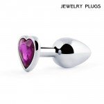 Средняя металлическая анальная пробка Jewelry Plugs серебристая с фиолетовым кристаллом сердцем - 8 cм