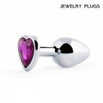 Средняя металлическая анальная пробка Jewelry Plugs серебристая с фиолетовым кристаллом сердцем - 8 cм Средняя металлическая анальная пробка Jewelry Plugs серебристая с фиолетовым кристаллом сердцем - 8 cм