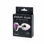 Средняя металлическая анальная пробка Jewelry Plugs серебристая с фиолетовым кристаллом сердцем - 8 cм