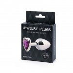 Средняя металлическая анальная пробка Jewelry Plugs серебристая с фиолетовым кристаллом сердцем - 8 cм Средняя металлическая анальная пробка Jewelry Plugs серебристая с фиолетовым кристаллом сердцем - 8 cм