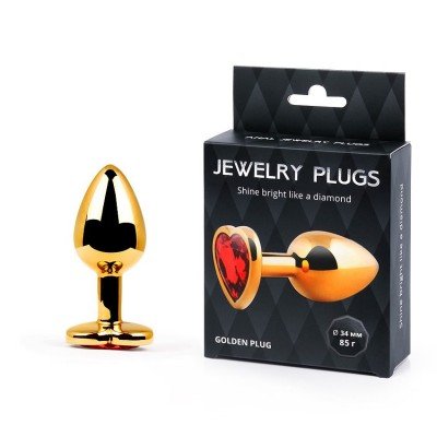Средняя металлическая анальная пробка Jewelry Plugs золотистая с красным кристаллом сердцем - 8 cм