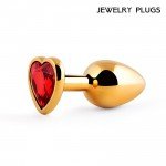 Средняя металлическая анальная пробка Jewelry Plugs золотистая с красным кристаллом сердцем - 8 cм