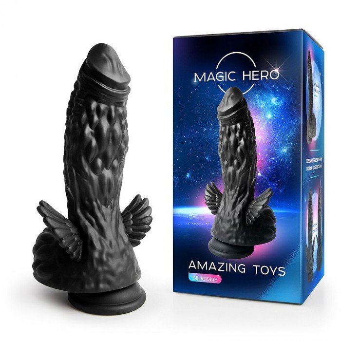 Фантастический чёрный фаллоимитатор Magic Hero с рельефной поверхностью и крылышками - 22 см Фантастический чёрный фаллоимитатор Magic Hero с рельефной поверхностью и крылышками - 22 см