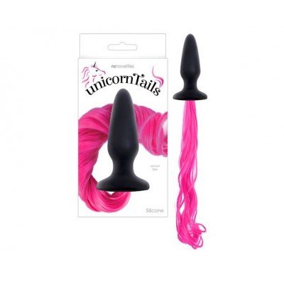 Анальная пробка Unicorn Tails Pink с розовым хвостом - чёрная - 10 cм