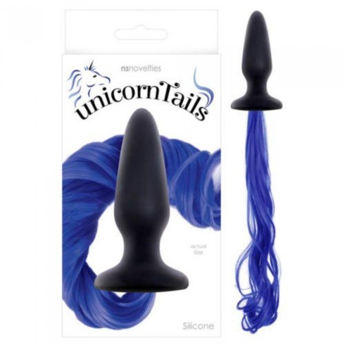 Анальная пробка чёрная Unicorn Tails Blue с синим хвостом - 10 см