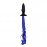 Анальная пробка чёрная Unicorn Tails Blue с синим хвостом - 10 см