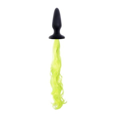Анальная пробка Unicorn Tails Yellow с неоново-жёлтым хвостом - чёрная - 10 cм
