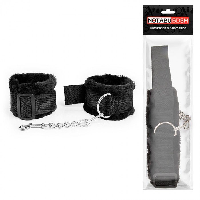Мягкие оковы-наручники NoTabu с меховой подкладкой на регулируемых пряжках - черные