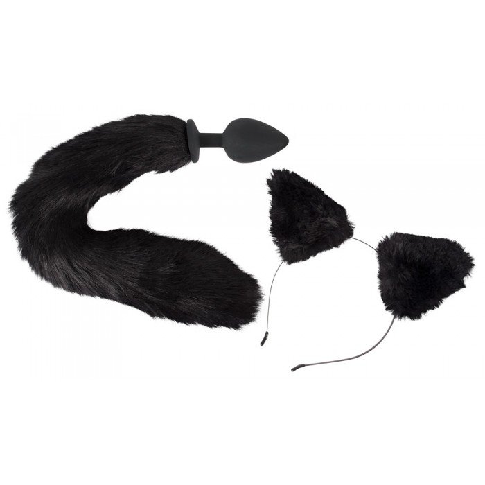 Набор игровой Bad Kitty Pet Play: анальная пробка с хвостом и ушки - чёрный Набор игровой Bad Kitty Pet Play: анальная пробка с хвостом и ушки - чёрный