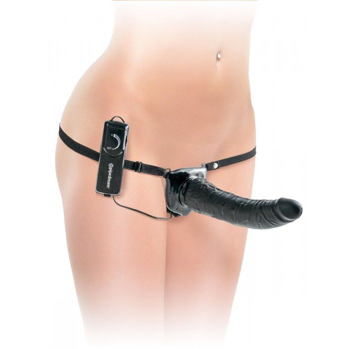 Женский страпон с вибрацией и вагинальной пробкой Deluxe Vibrating Penetrix Strap-On - чёрный - 19 см