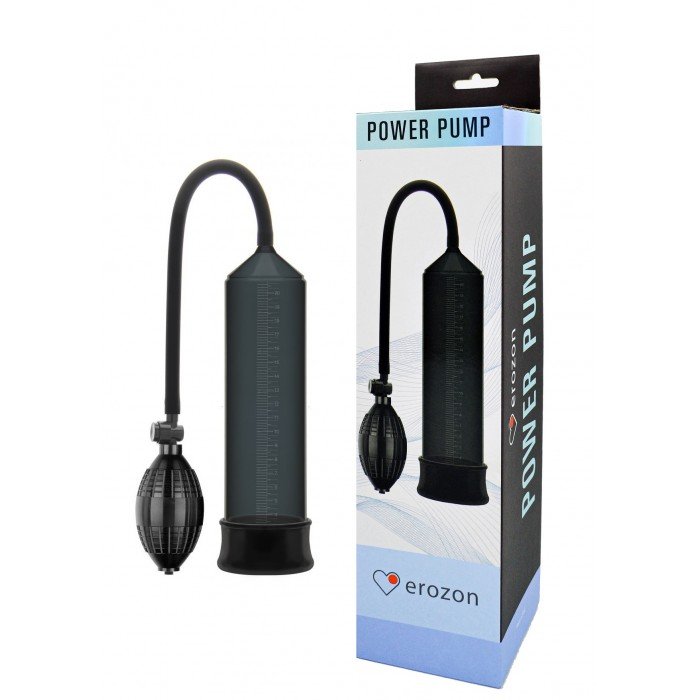 Вакуумная мужская помпа для тренировок пениса с насосом в виде груши Erozon Penis Pump - чёрная - 20 см