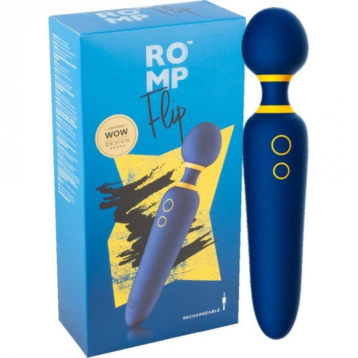 Вибратор wand для тела и клитора с гибкой головкой Romp Flip - синий с жёлтым