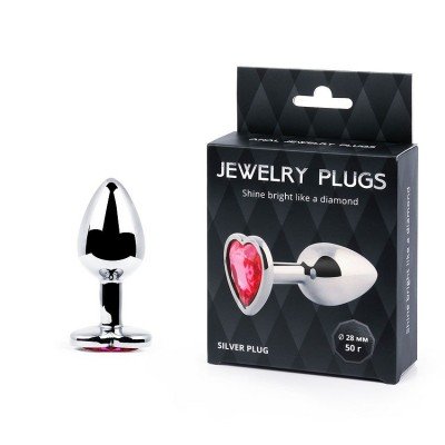 Малая серебристая анальная пробка Jewelry Plugs с малиновым кристаллом-сердцем - 7 cм