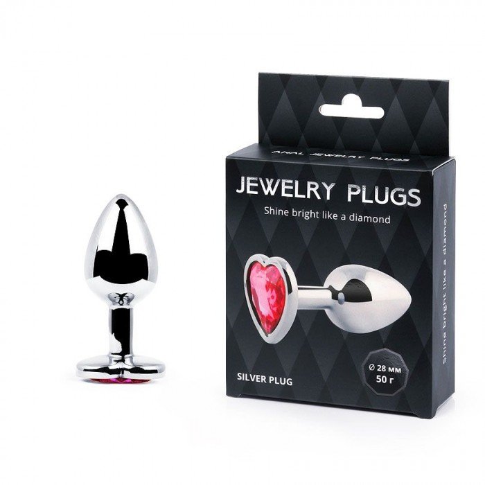 Малая серебристая анальная пробка Jewelry Plugs с малиновым кристаллом-сердцем - 7 cм Малая серебристая анальная пробка Jewelry Plugs с малиновым кристаллом-сердцем - 7 cм