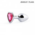 Малая серебристая анальная пробка Jewelry Plugs с малиновым кристаллом-сердцем - 7 cм