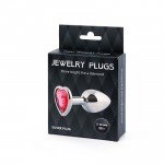 Малая серебристая анальная пробка Jewelry Plugs с малиновым кристаллом-сердцем - 7 cм